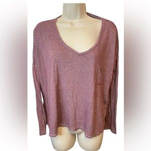 Nordstrom BP Women’s Raw Edge V Neck Long Sleeve Striped Tee Sz M Relaxed Fit